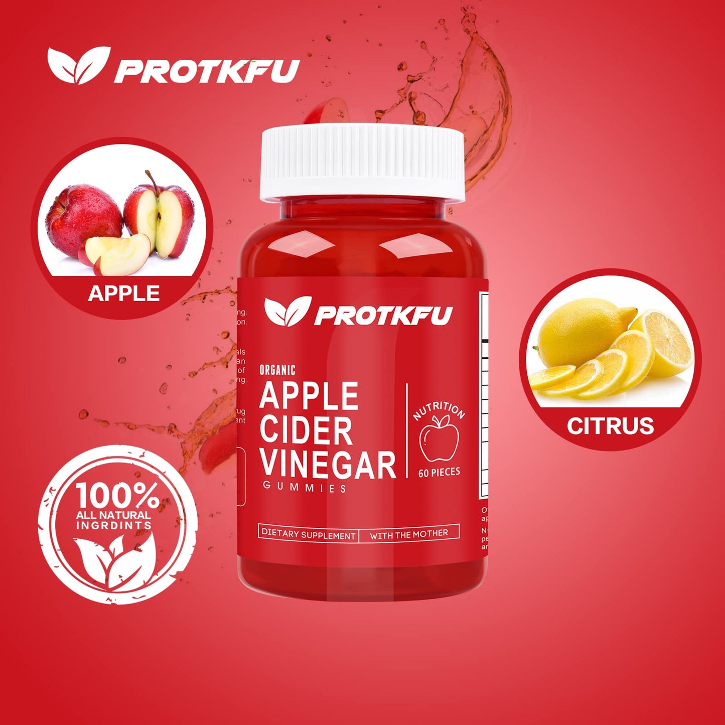 ProTKFU Apple Cider Vinegar Gummies, 120 Count Max Strength 1000mg ACV Gummies with Vitamin B12 & B6, for Metabolism, Digestion, Detox, Gut & Immune Health