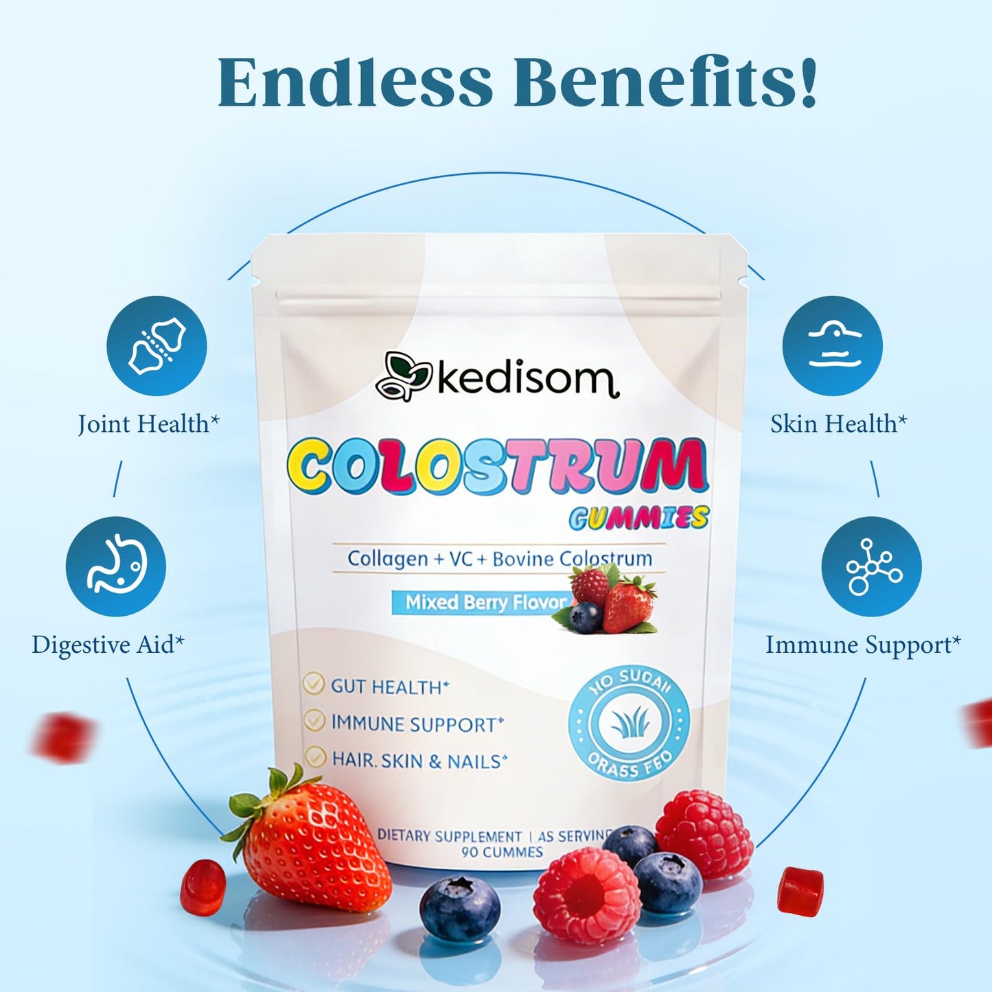 KEDISOM Colostrum Gummies, Grass Fed Colostrum Supplement, 90 Bovine Colostrum Gummies, 45 Servings, Mixed Berry, Sugar-Free