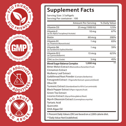 300 Softgels Blood Sugar Complex Supplement | 20+ Active Herbs-Berberine, Cinnamon, Bitter Melon, Mulberry Leaf, Fenugreek, Vitamins for Energy Level
