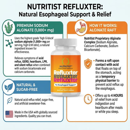 Nutritist Refluxter Sodium Alginate Capsules – Natural Acid Reflux & GERD Relief Supplement. Supports LPR, Silent Reflux, Heartburn, Indigestion