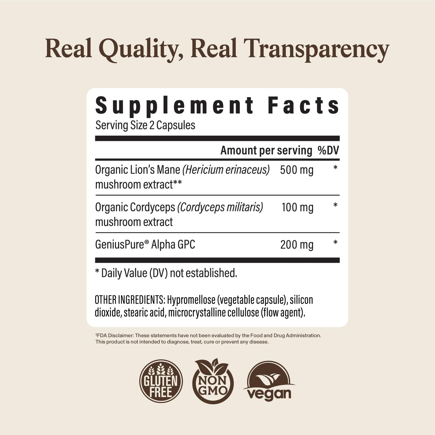 Real Mushrooms Lion’s Mane Focus Capsules (90 Count) – Organic Lions Mane Fruiting Body Extracts with 200mg Alpha GPC Choline