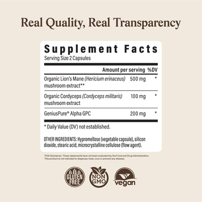 Real Mushrooms Lion’s Mane Focus Capsules (90 Count) – Organic Lions Mane Fruiting Body Extracts with 200mg Alpha GPC Choline