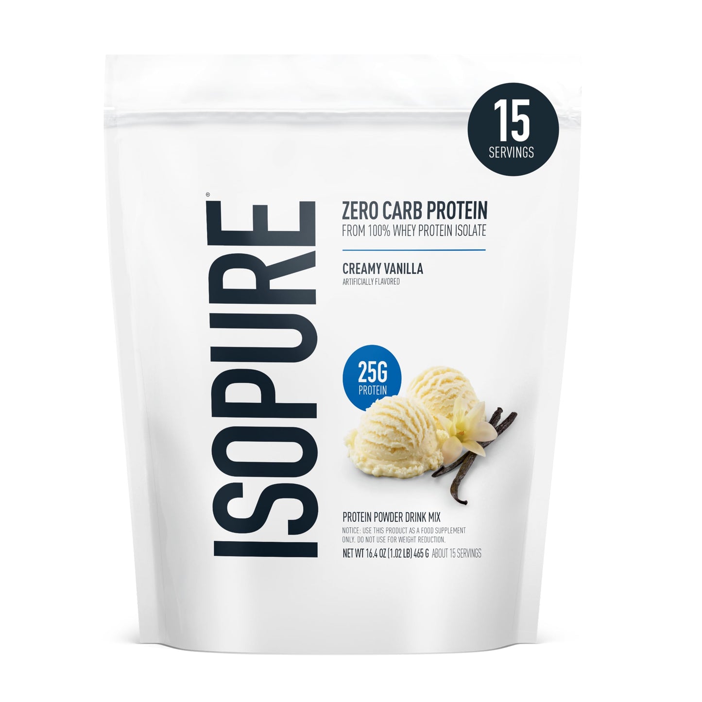 Isopure Zero Carb 100% Pure Whey Isolate Protein Powder, Lactose Free, Gluten Free, with Vitamins, Creamy Vanilla, 25g Protein Per Serving, 1 Lb,