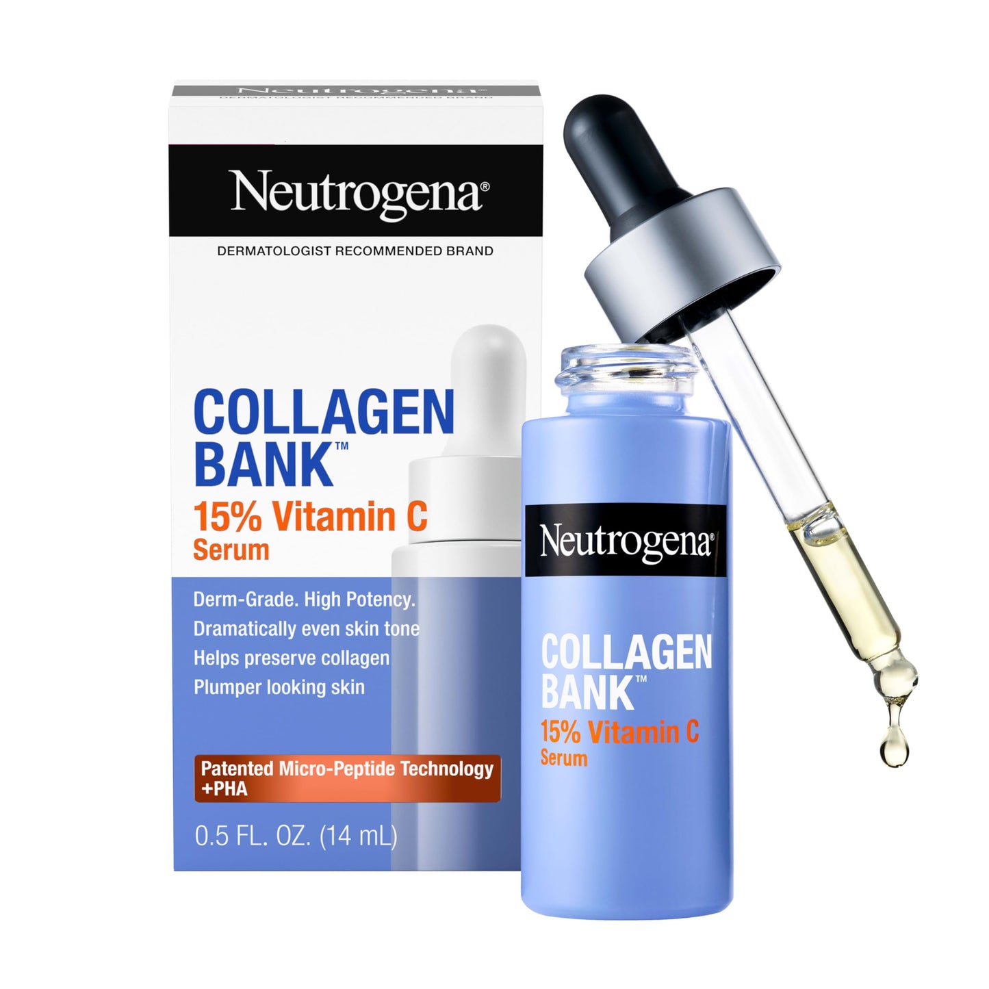 Neutrogena Collagen Bank 15% Vitamin C Face Serum, Vitamin C Serum for Face Helps Build Collagen for Glowing, Plumper Looking Skin,