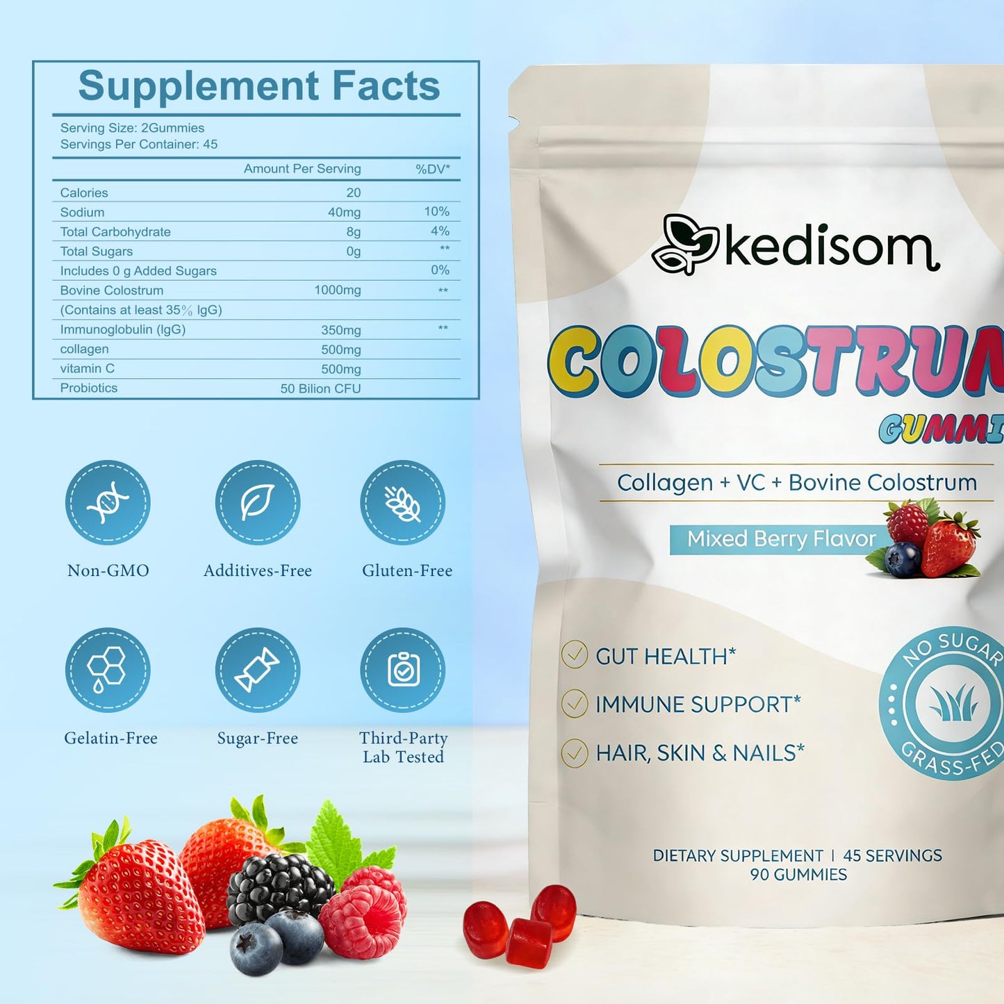KEDISOM Colostrum Gummies, Grass Fed Colostrum Supplement, 90 Bovine Colostrum Gummies, 45 Servings, Mixed Berry, Sugar-Free