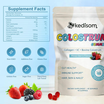 KEDISOM Colostrum Gummies, Grass Fed Colostrum Supplement, 90 Bovine Colostrum Gummies, 45 Servings, Mixed Berry, Sugar-Free