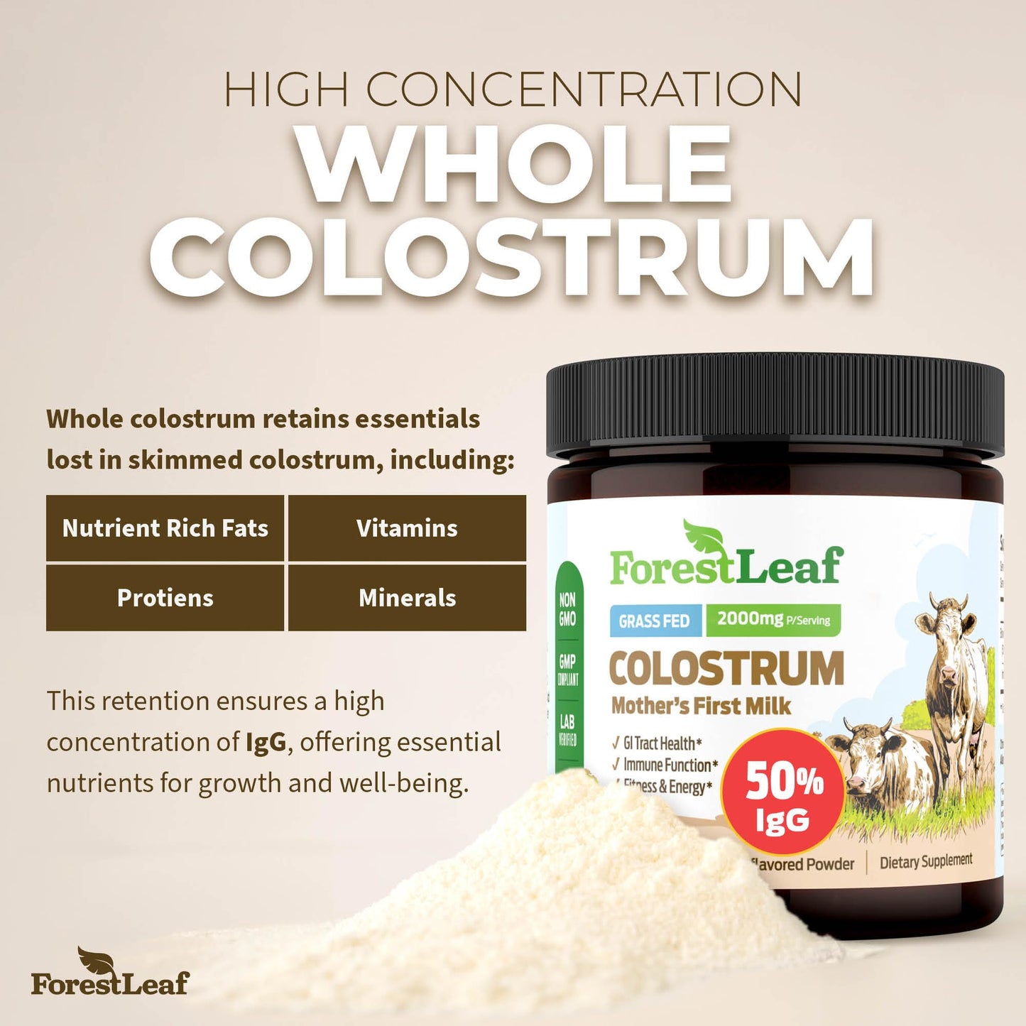 ForestLeaf Colostrum Powder 50% IgG Highest Pure Concentration, Grass Fed Colostrum Supplement for Gut Health, Immune Support and Muscle Recovery,