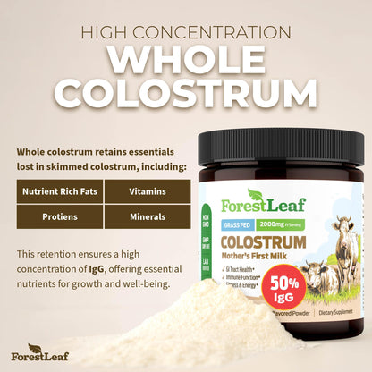 ForestLeaf Colostrum Powder 50% IgG Highest Pure Concentration, Grass Fed Colostrum Supplement for Gut Health, Immune Support and Muscle Recovery,