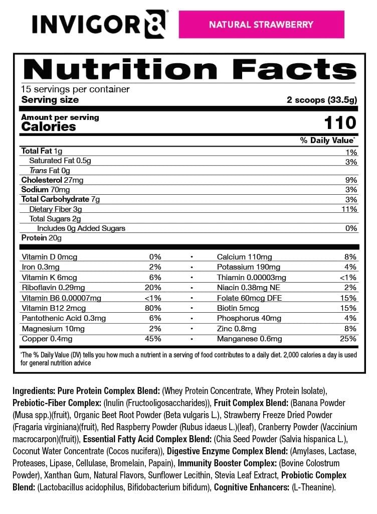 INVIGOR8 Superfood Grass Fed Whey Protein Isolate Shake Natural Strawberry Gluten-Free and Non GMO Meal Replacement with Probiotics and Omega 3 (645g)