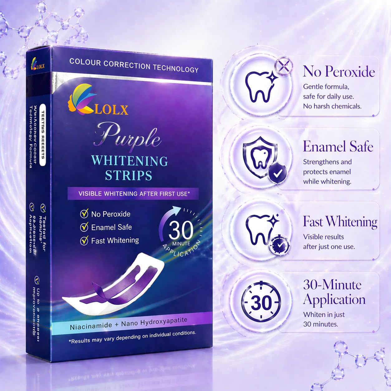 Purple Teeth Whitening Strips, Enamel Safe for Sensitive Teeth, Removes Yellow Stains & Bad Breath, Non-Slip Dry Strip Technology