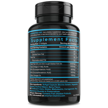 SmarterVitamins Omega 3 Fish Oil, Strawberry Flavor, Burpless, Tasteless, 2000mg, DHA EPA Triple Strength, Made with AlaskOmega®