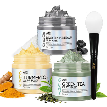ANAI RUI 3 Pcs Face Mask Set - Turmeric Clay Mask - Green Tea Face Mask - Dead Sea Mud Mask for Oily Skin, Blackheads & Pores -Spa Gift Set Self