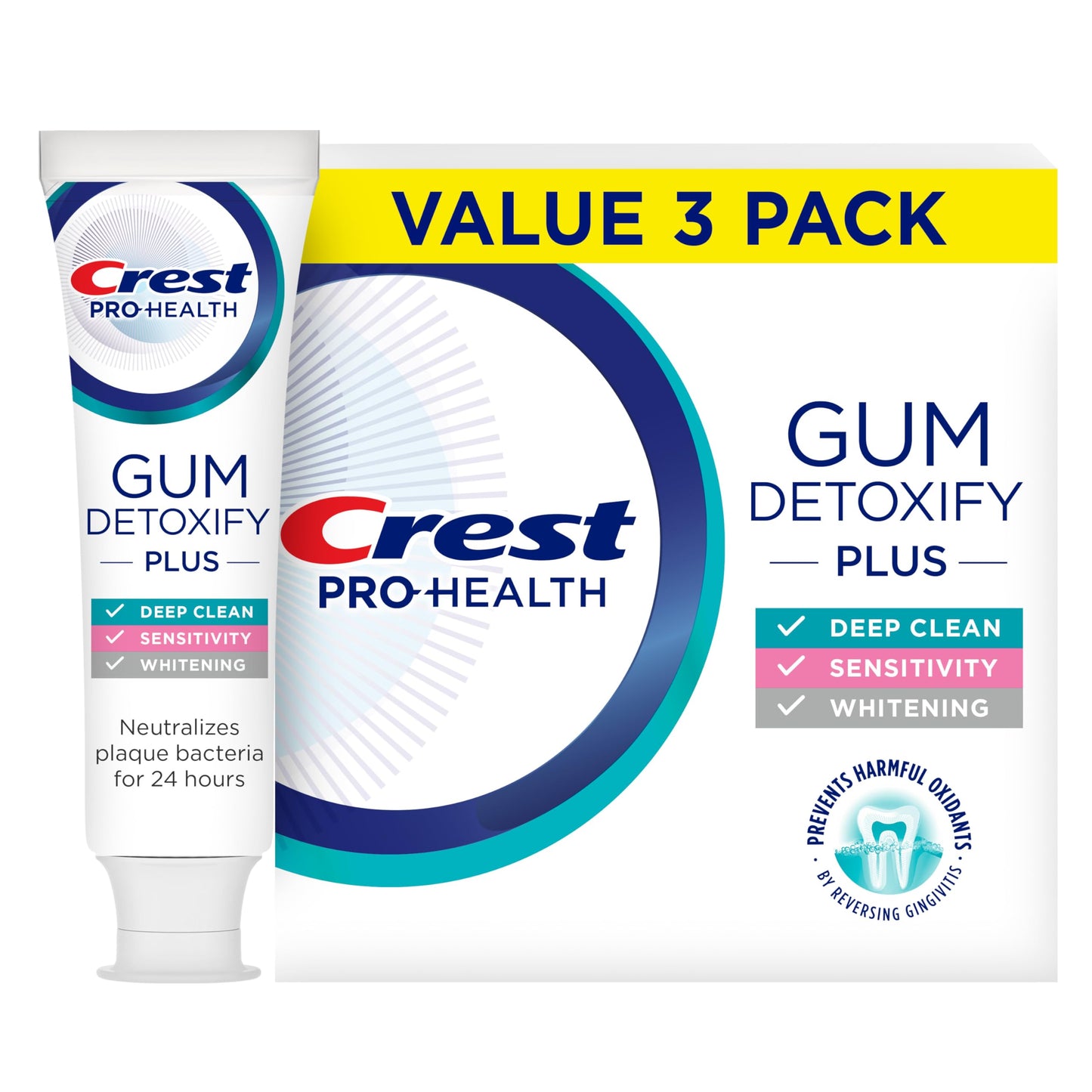 Crest Pro-Health Gum Detoxify Plus Toothpaste 4.5 oz Pack of 3 - Antibacterial Fluoride Toothpaste, Sensitivity Protection
