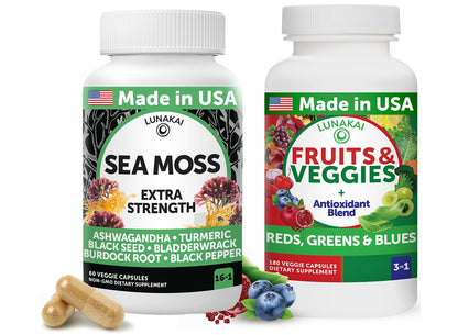 Two supplement bottles labeled 'Sea Moss' and 'Fruits & Veggies' on a white background