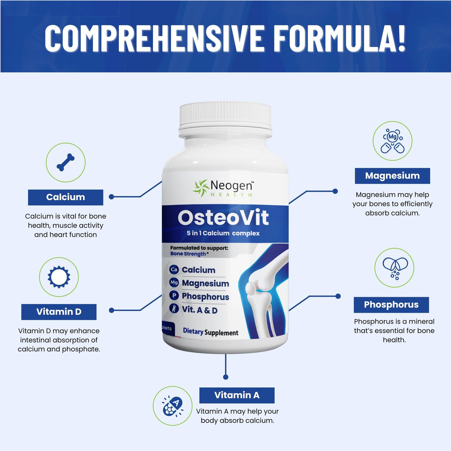 OsteoVit 5-in-1 Calcium 120 tabs Multivitamin: Calcium, Magnesium, Phosphorus, Vitamin D3 & A - Bone Strength & Flexibility*, Non-GMO Gluten Free