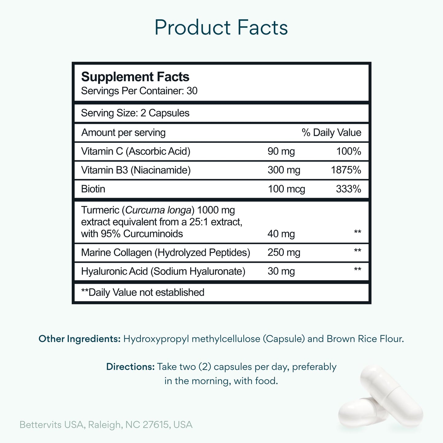 Bettervits Niacinamide Supplement with Vitamin B3, Marine Collagen & Hyaluronic Acid | High-Strength Vitamin B3 Capsules 300 mg. with Turmeric for Energy Metabolism