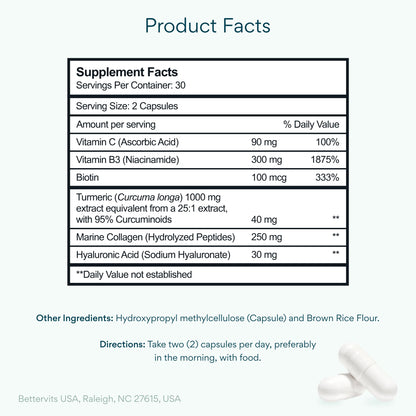 Bettervits Niacinamide Supplement with Vitamin B3, Marine Collagen & Hyaluronic Acid | High-Strength Vitamin B3 Capsules 300 mg. with Turmeric for Energy Metabolism