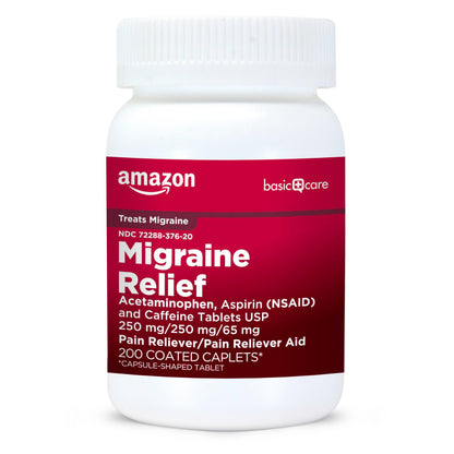 Amazon Basic Care Migraine Relief Acetaminophen, Aspirin (NSAID) and Caffeine Tablets, Pain Reliever/Pain Reliever Aid, 200 Count Amazon Basic Care buy supplements Au