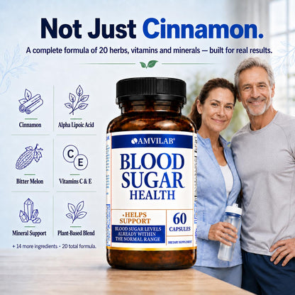 AMVILAB Blood Sugar Health Natural 20 Herbs and Vitamins with Cinnamon, Alpha Lipoic Acid to Support Health, Non-GMO, for Men Women, Supports Healthy Energy Levels