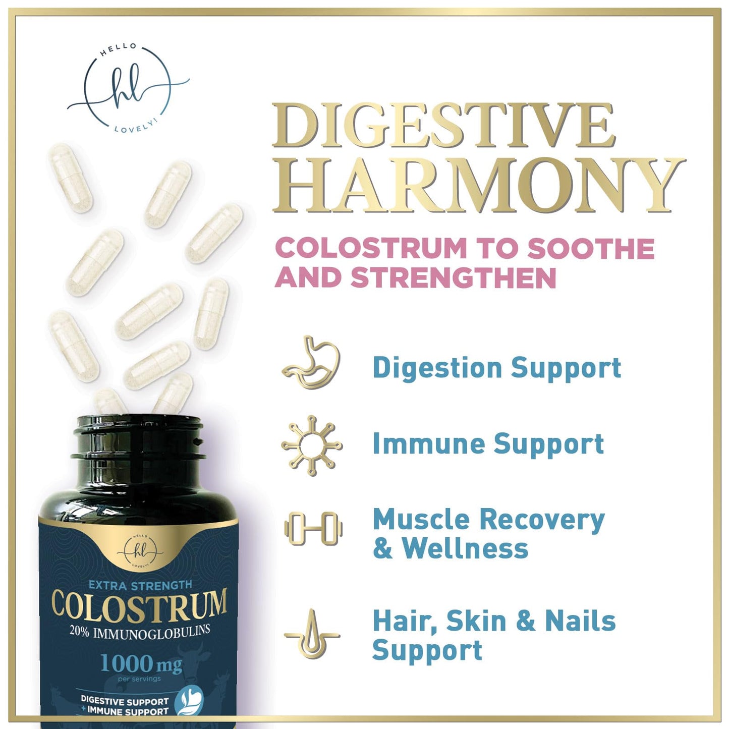 Bovine Colostrum Powder 1000mg Per Serving - with Immunoglobulins (IgG) for Immune Support, Energy & Gut Health Supplement, SP Colostrum Powder Pills,
