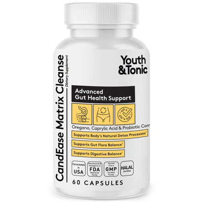 Youth & Tonic CandEase Cleanse Matrix – Overgrowth Support & Gut Health, Intestinal Flora Balance & Body Detox Complex with Oregano, Caprylic Acid