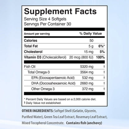 5X Ultimate Strength Omega 3 Fish Oil Supplements with High DHA and EPA Omega 3 Fatty Acids, Fish Oil Supplement with Vitamin D
