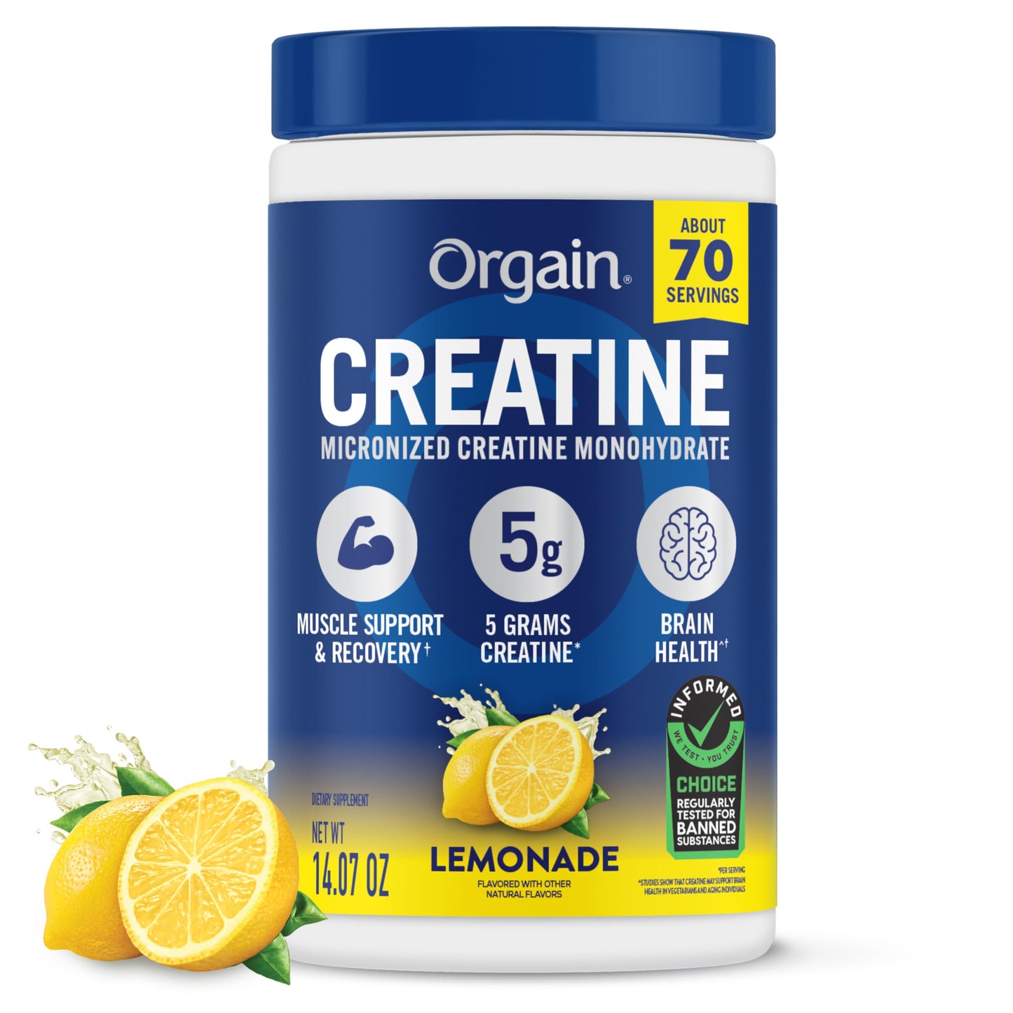 Orgain Creatine Monohydrate Micronized Powder, Lemonade Flavored, 5g Creatine, 70 Servings, Supports Muscle Growth, Post Workout Recovery