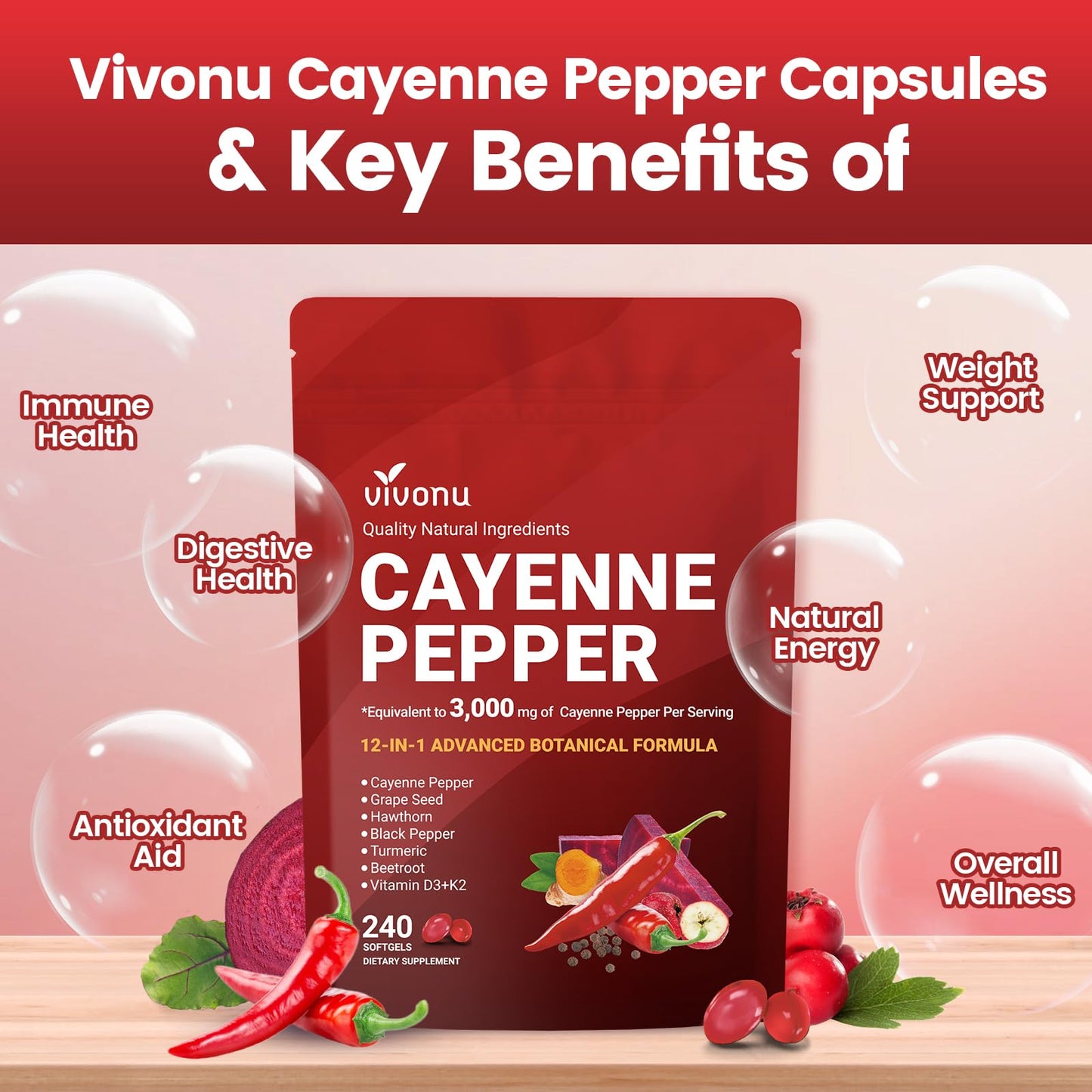 VivoNu Cayenne Pepper Softgels Supplement, Supports Leg Vein, Heart and Blood Vessel Health, with Vitamin E D3+K2 and Extracts of Grape Seed, Hawthorn