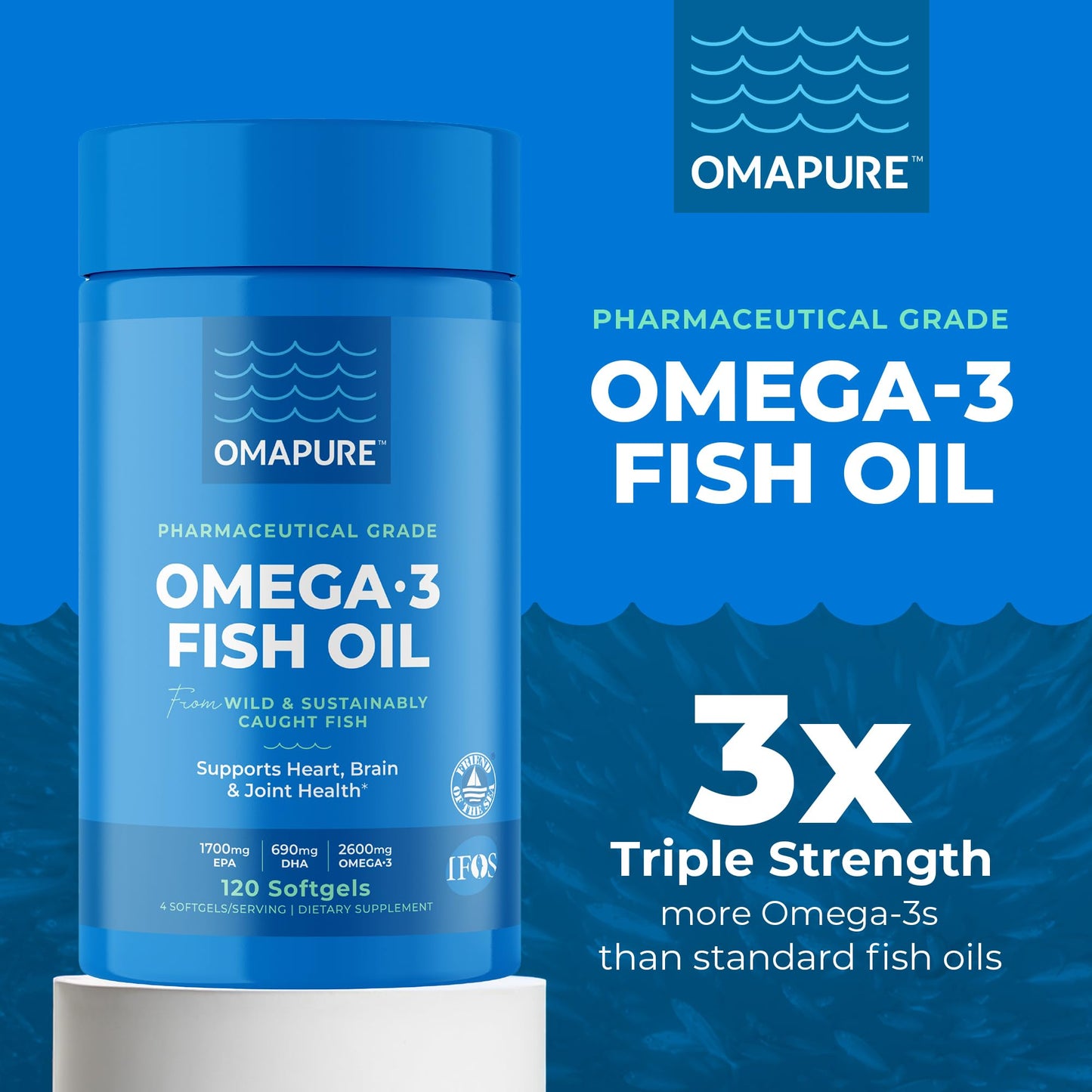 OMAPURE Fish Oil Omega 3 Supplements - Triple Strength - High EPA, DHA - IFOS Lab Tested - Supports Heart & Brain Health - Burpless Capsules - Wild Caught - (3 Bottles - 120 Softgels Per Bottle)