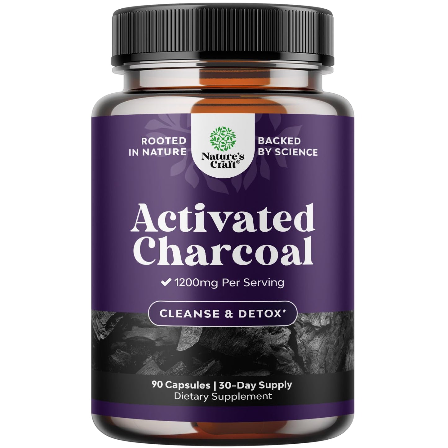 Natures Craft Activated Charcoal Pills Detox & Cleanse - Purifying Coconut Capsules with 1200 mg Per Serving for Bloating Relief