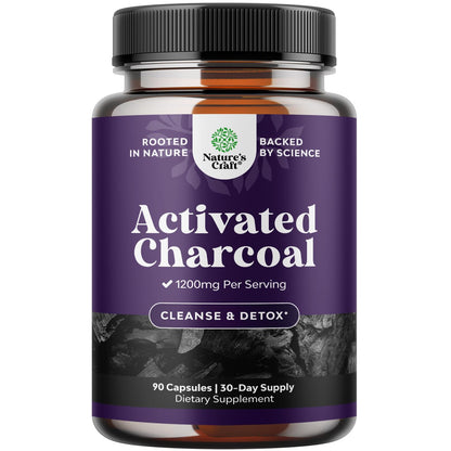 Natures Craft Activated Charcoal Pills Detox & Cleanse - Purifying Coconut Capsules with 1200 mg Per Serving for Bloating Relief