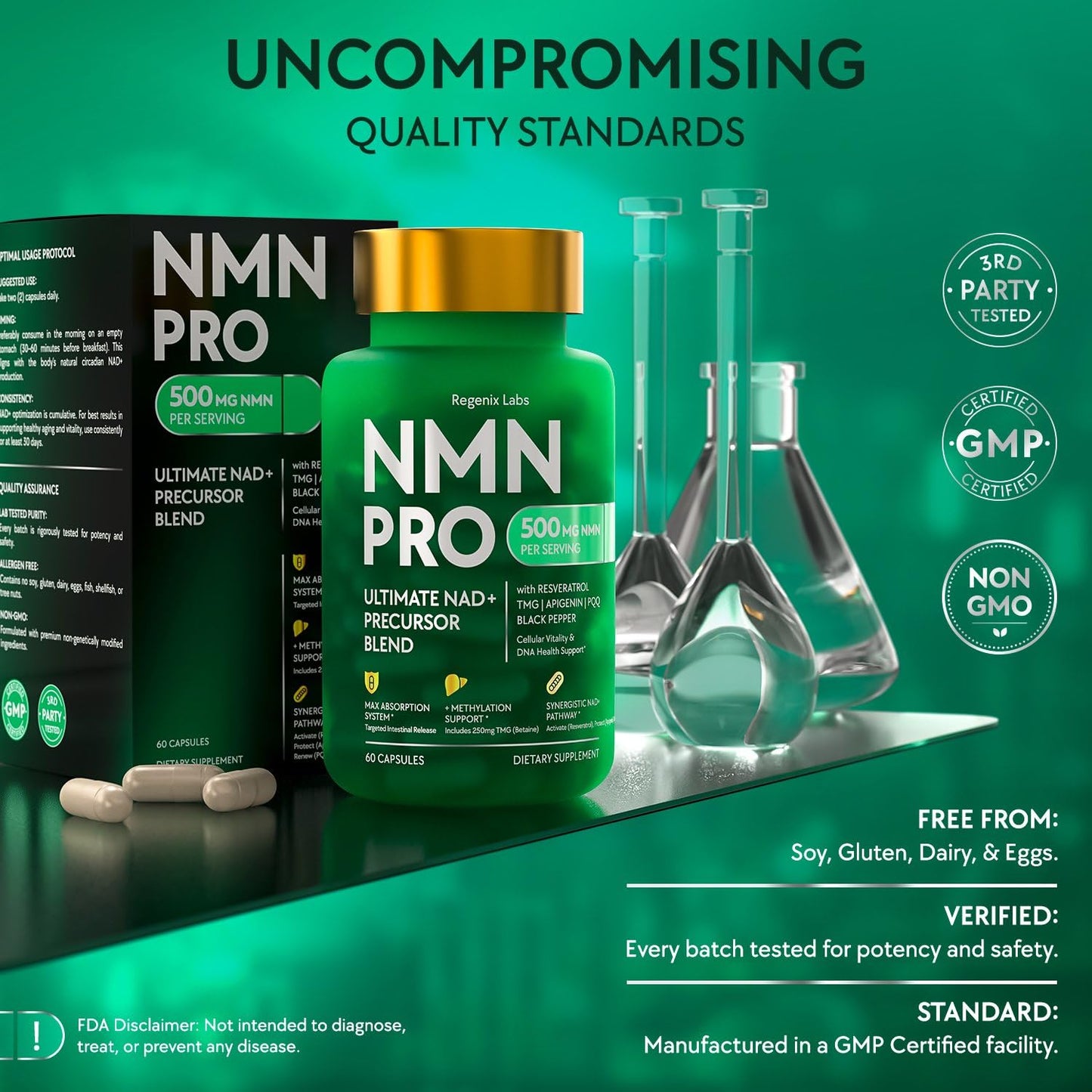 NMN Supplement 500mg - NAD Supplement with Resveratrol, TMG, Apigenin, PQQ, and Black Pepper Extract - 6-in-1 Acid-Resistant Vegan Pills Complex