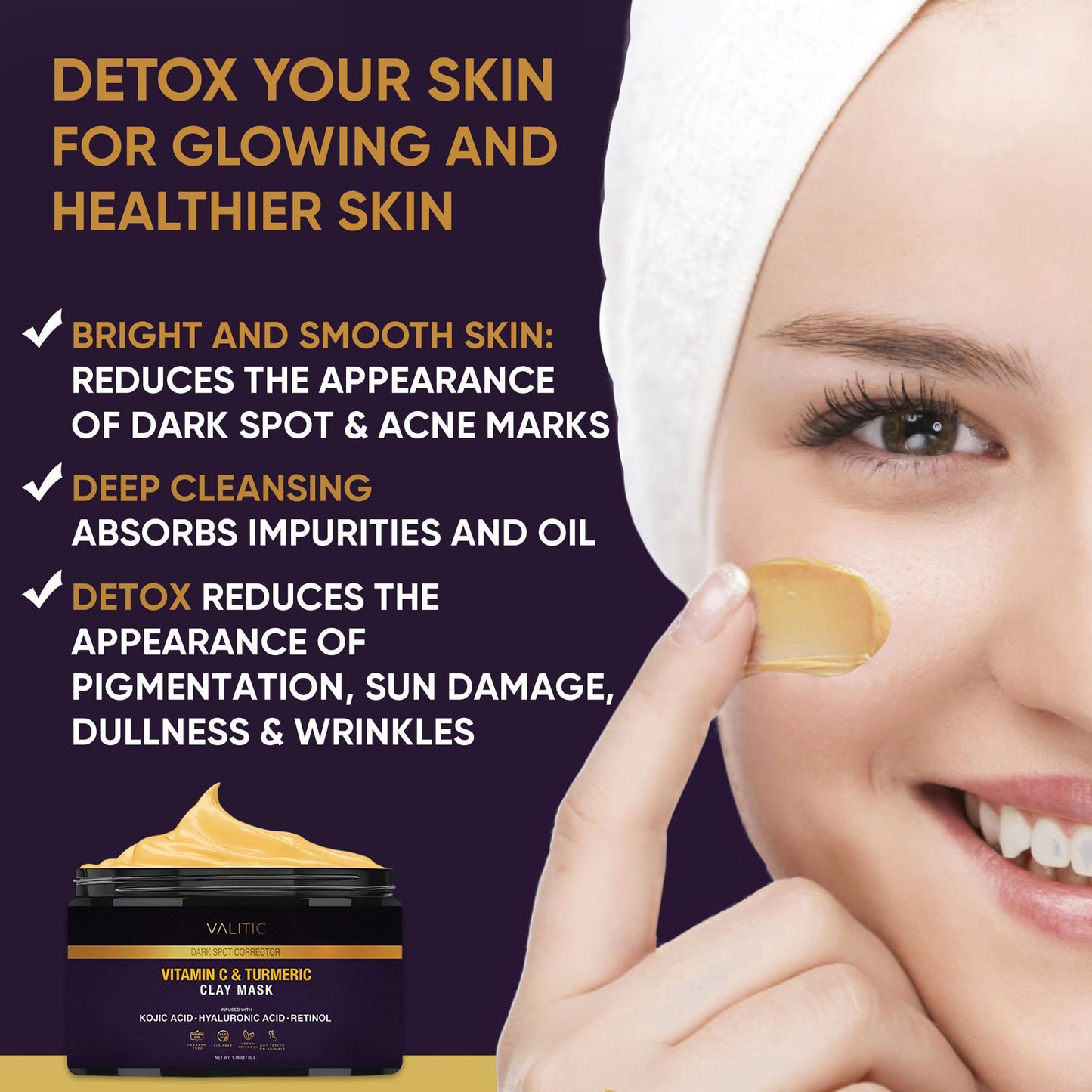 VALITIC Vitamin C & Turmeric Clay Mask - Dark Spot Corrector with Kojic Acid, Hyaluronic Acid & Retinol - Skin Care Routine for Minimizing Pores & Blackheads