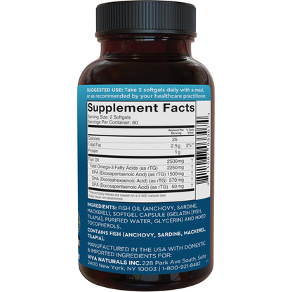 Viva Naturals Omega 3 Fish Oil Supplement for Women and Men - 2500 mg Triple Strength Fish Oil per Serving with Omega 3 Fatty Acids Including EPA, DHA DPA