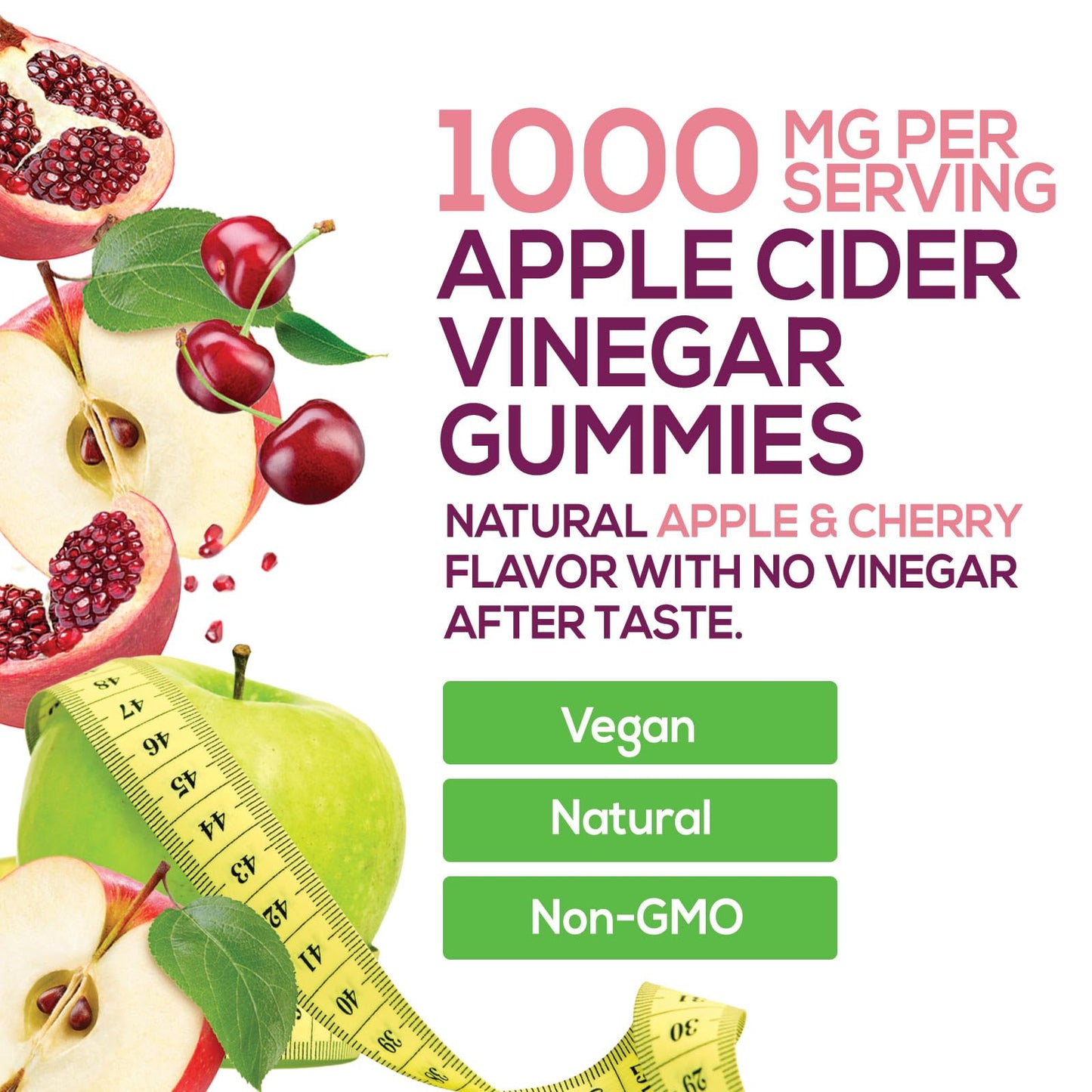 Apple Cider Vinegar Gummies 1000mg Per Serving - Sugar Free ACV Gummy Vitamins Supplement - Vitamin B12 & B6 for Energy - Digestion, Detox & Cleanse Support, Vegan