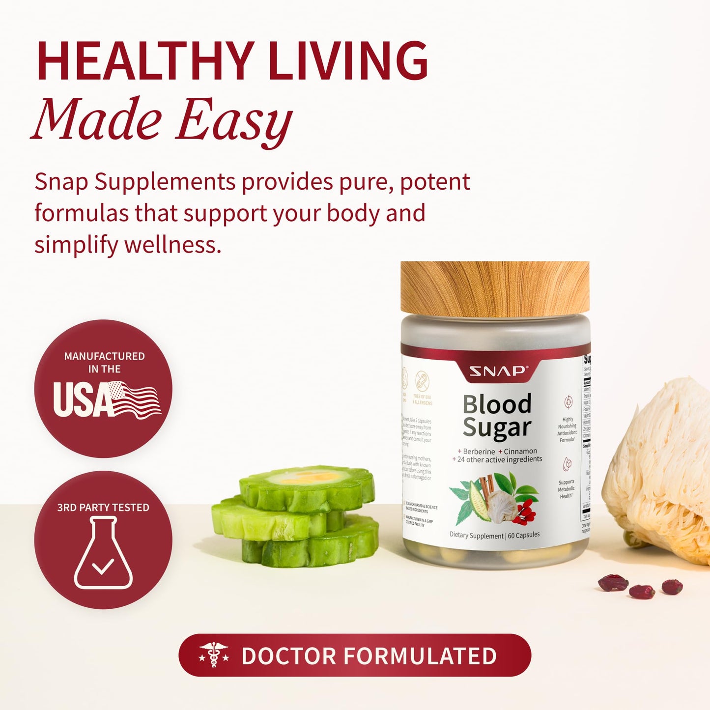 Snap Supplements Blood Sugar Blend, CoQ10, Cinnamon, and Gymnema to Support Already Healthy Blood Sugar, Metabolic Health and Energy,