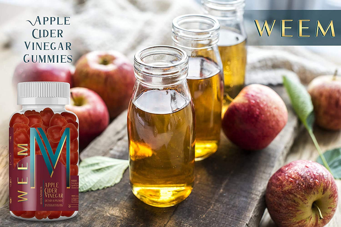 WEEM Apple Cider Vinegar Gummies - Natural, Vegan ACV with Folic Acid- Gluten Free - Vitamin B12 - Premium Detox & Weight Supplement-