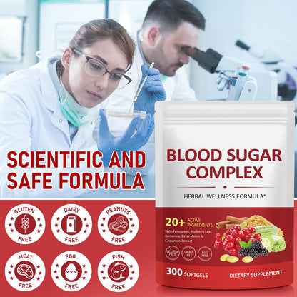 300 Softgels Blood Sugar Complex Supplement | 20+ Active Herbs-Berberine, Cinnamon, Bitter Melon, Mulberry Leaf, Fenugreek, Vitamins for Energy Level