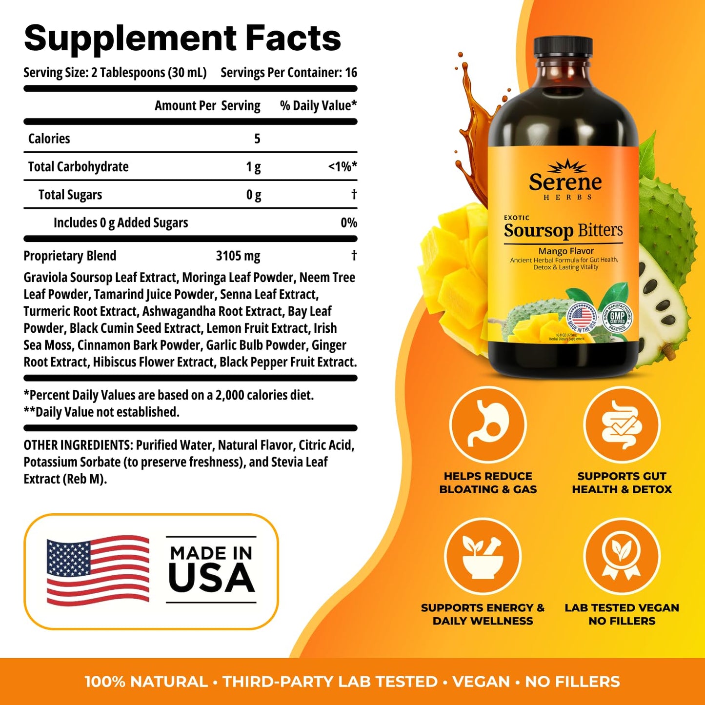 Serene Herbs Soursop Bitters Liquid with Soursop Leaves for Gut Cleanse, Detox & Immune Boost with Black Seed, Moringa, Irish Moss