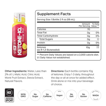 Ketone-IQ No Caffeine Performance Energy Shots – Ketone Fuel for Focus & Endurance, Metabolism Support, 10g Ketones, 12 Pack (Raspberry Lemonade)