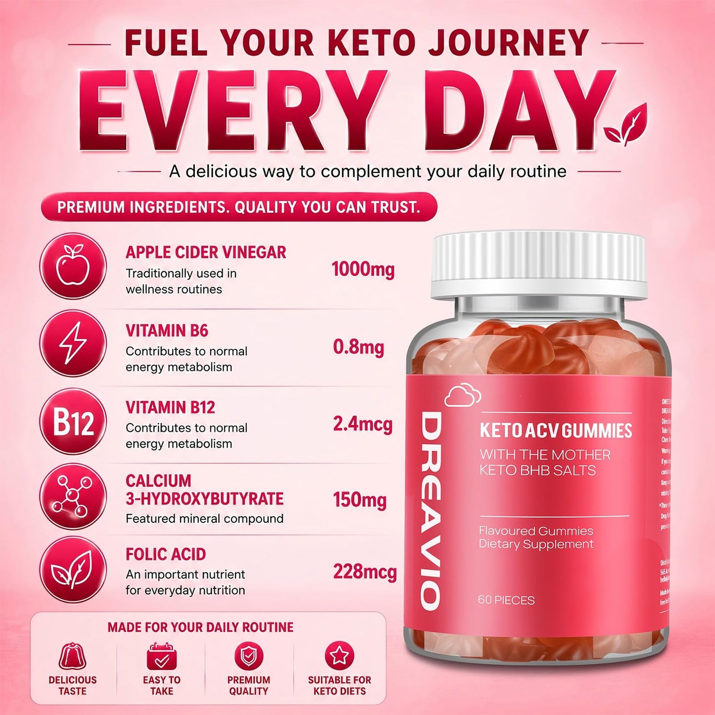 DREAVIO 1000mg Sugar Free Apple Cider Vinegar Gummies | 120 Count Keto ACV Gummies, Vegan Apple Cider Vinegar
