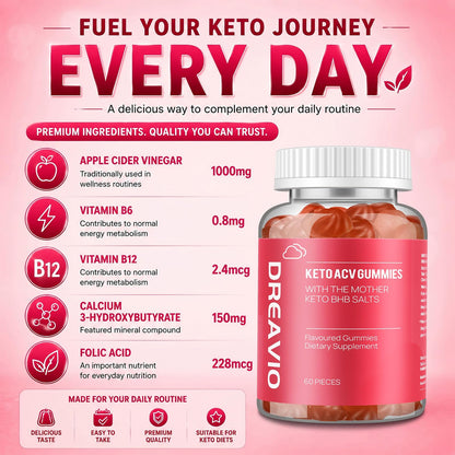DREAVIO 1000mg Sugar Free Apple Cider Vinegar Gummies | 120 Count Keto ACV Gummies, Vegan Apple Cider Vinegar
