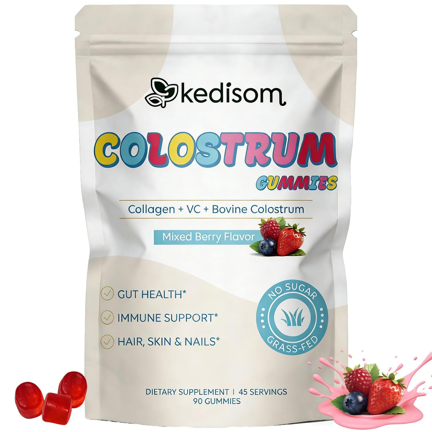 KEDISOM Colostrum Gummies, Grass Fed Colostrum Supplement, 90 Bovine Colostrum Gummies, 45 Servings, Mixed Berry, Sugar-Free