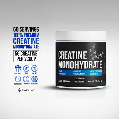CorVive Creatine Monohydrate - Pure & Unflavored Creatine Powder - Vegan, Gluten Free, No Additives, Non-GMO - Easy-Mix Formula for Strength & Performance Support