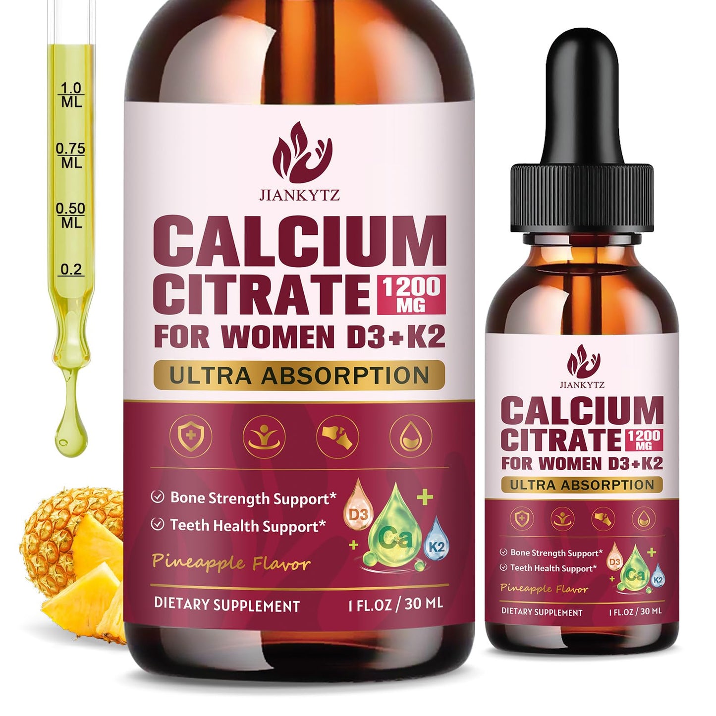 (2 Pack) Calcium Citrate with Vitamin D3 Liquid Drops for Women - Bones, Teeth, Immune Support, 1200mg Calcium Citrate Liquid Drops