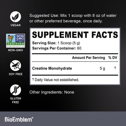 BioEmblem Creatine Monohydrate Powder - Unflavored Micronized Creatine Easily Mixes - Muscle Strength, Workout Recovery, Exercise Performance -