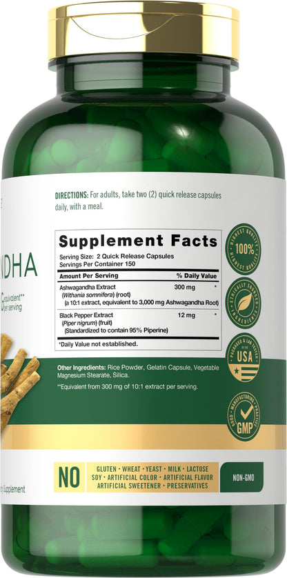 Carlyle Ashwagandha Supplement for Women and Men | 300 Capsules | Herb Root Extract with Black Pepper | Non-GMO and Gluten Free