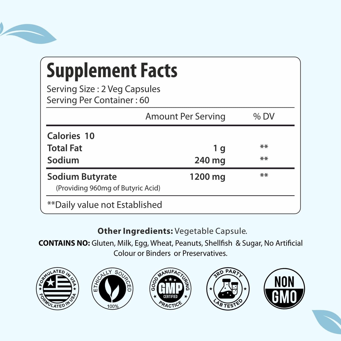 ForestVibe Sodium Butyrate Supplement 1200mg, Yielding 960mg Butyric Acid, 120 Vegan Capsules, 2 Month Supply, Non-GMO