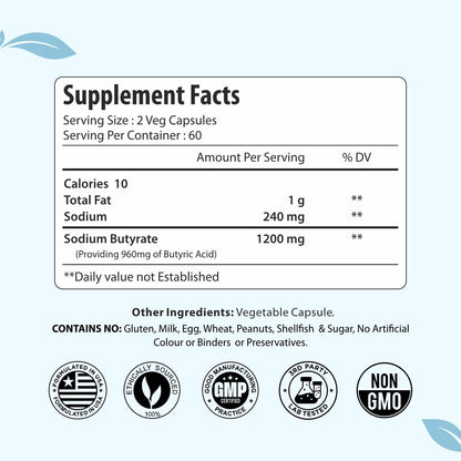 ForestVibe Sodium Butyrate Supplement 1200mg, Yielding 960mg Butyric Acid, 120 Vegan Capsules, 2 Month Supply, Non-GMO