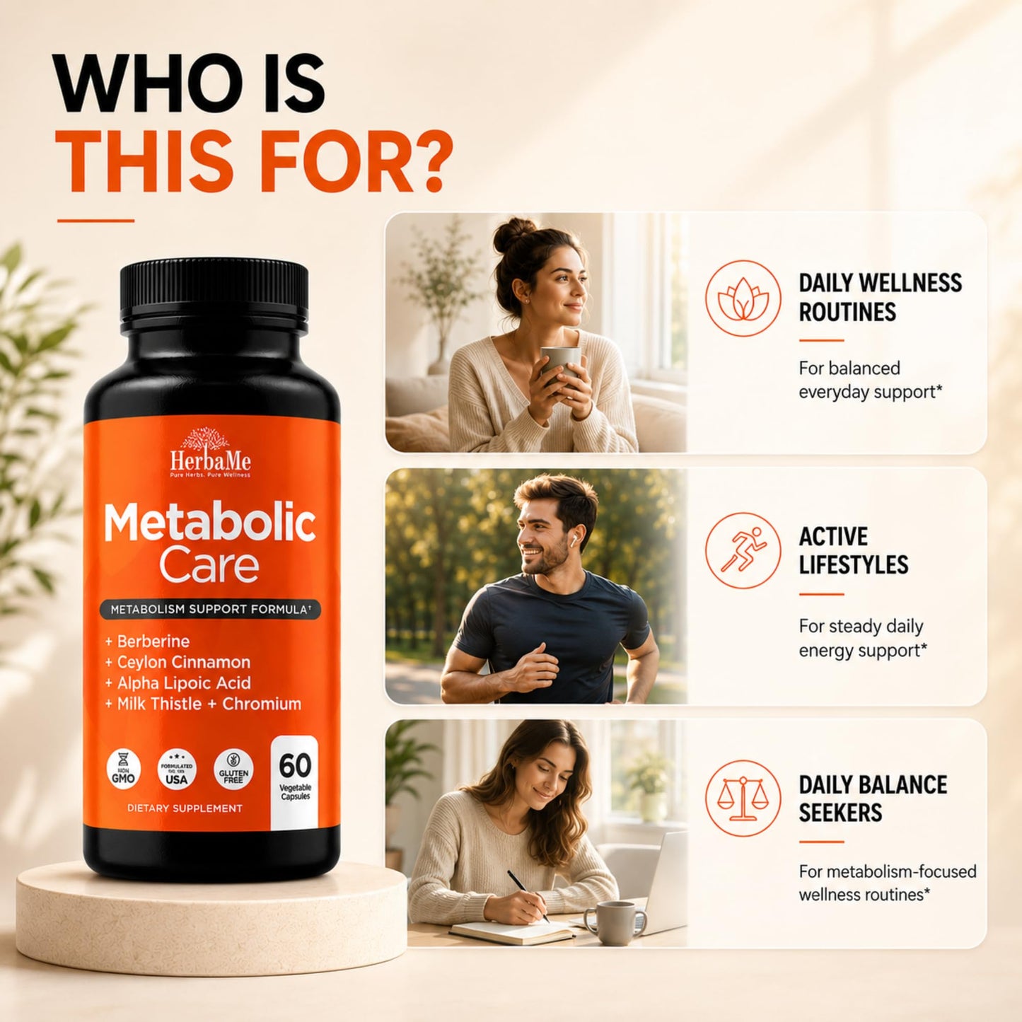 HerbaMe Berberine Supplement with Ceylon Cinnamon, Chromium, Alpha Lipoic Acid, Metabolic Care Supports Metabolism & Cardiovascular Health and Immune System